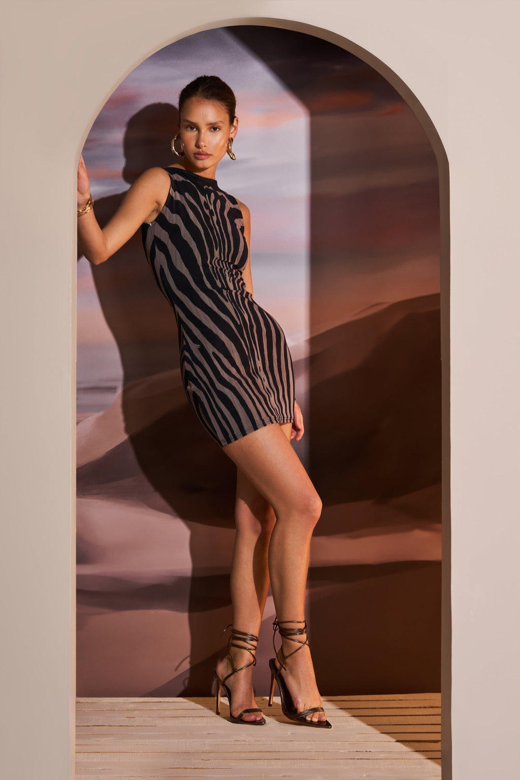 SLASH NECK MINI DRESS IN CURVE ILLUSION ZEBRA