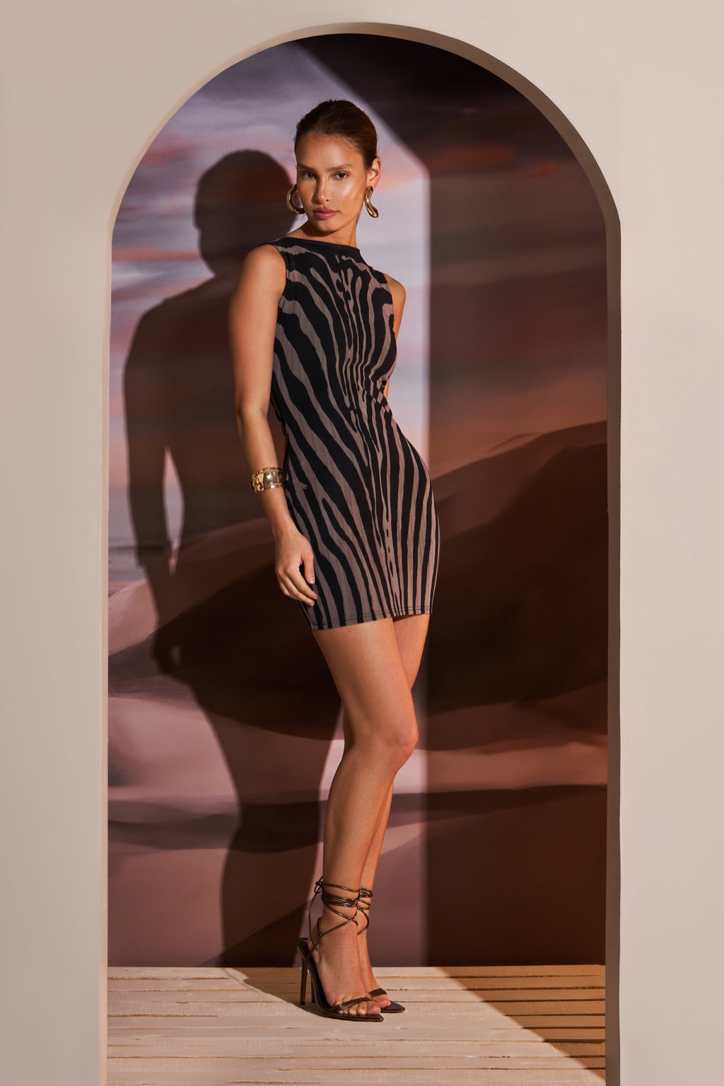 SLASH NECK MINI DRESS IN CURVE ILLUSION ZEBRA