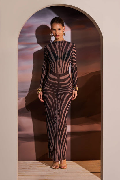 MESH MAXI DRESS IN CURVE ILLUSION ZEBRA