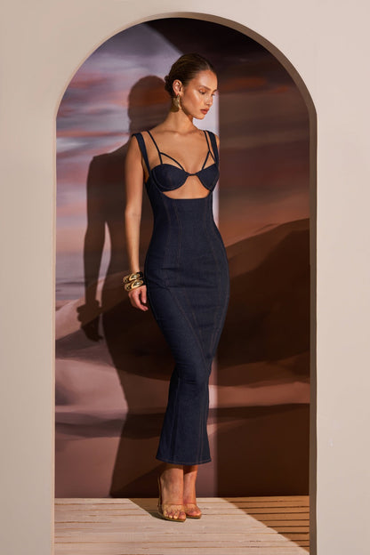 CONTOUR STITCH DENIM MAXI DRESS AND BRALETTE