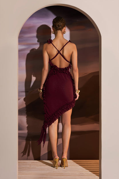 RUFFLE DETAIL ASYMMETRIC DRESS IN DEEP MAROON