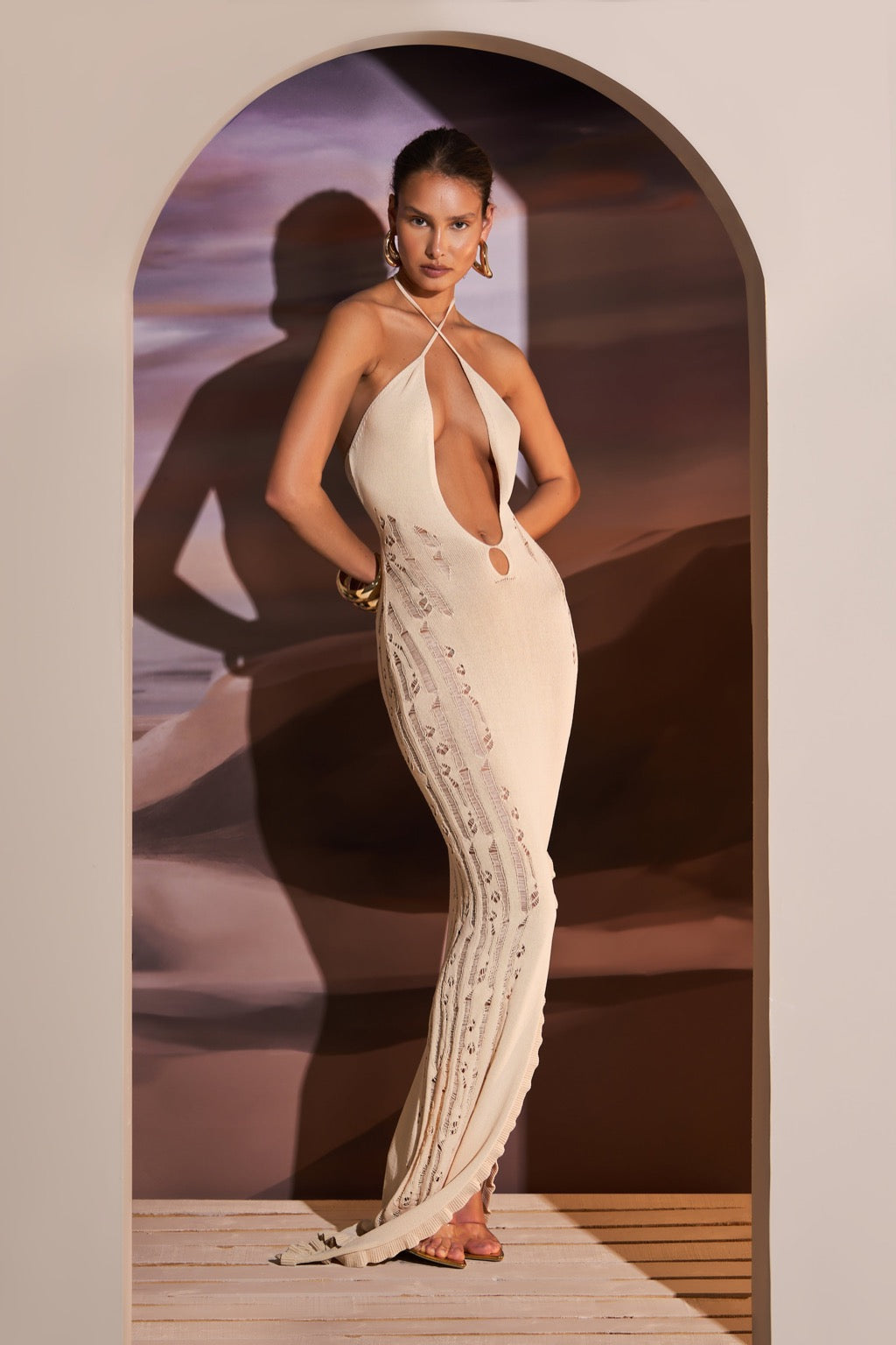 DEEP V NECK KNITTED MAXI DRESS IN SAHARA