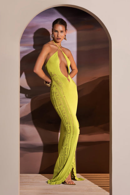 DEEP V NECK KNITTED MAXI DRESS IN CHARTREUSE