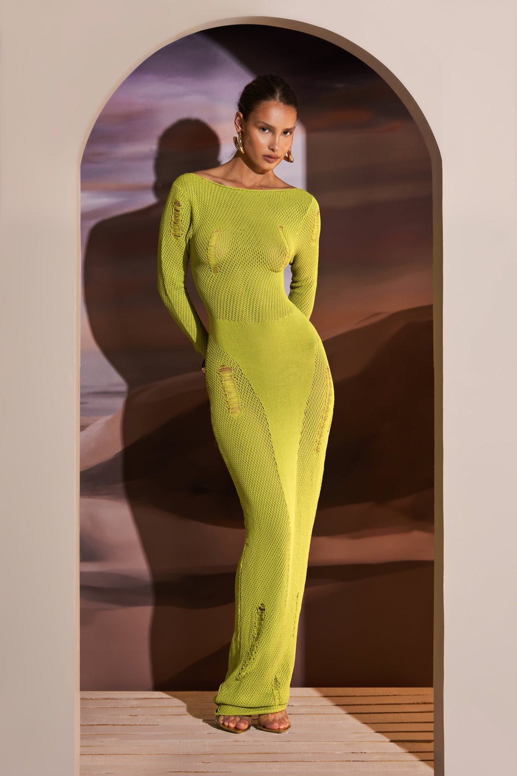 DEEP SCOOP BACK KNITTED MAXI DRESS IN CHARTREUSE