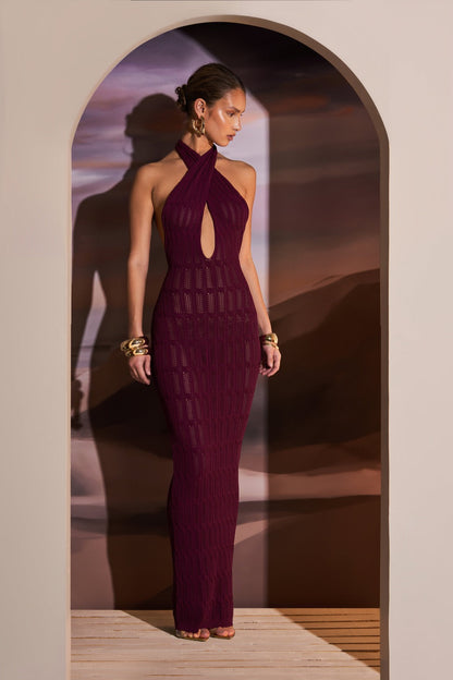 HONEYCOMB KNIT PLUNGE MAXI DRESS IN DEEP MAROON