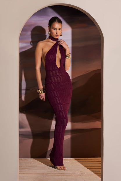 HONEYCOMB KNIT PLUNGE MAXI DRESS IN DEEP MAROON