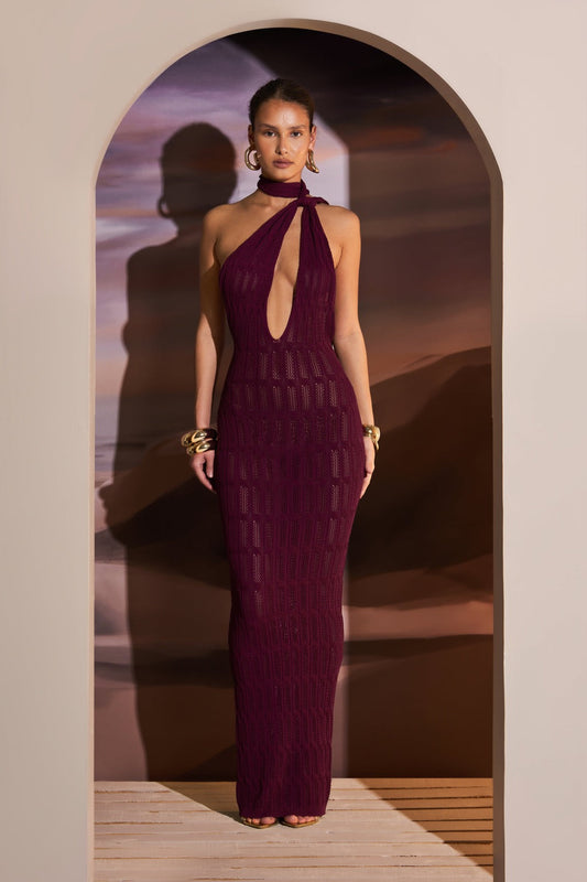 HONEYCOMB KNIT PLUNGE MAXI DRESS IN DEEP MAROON