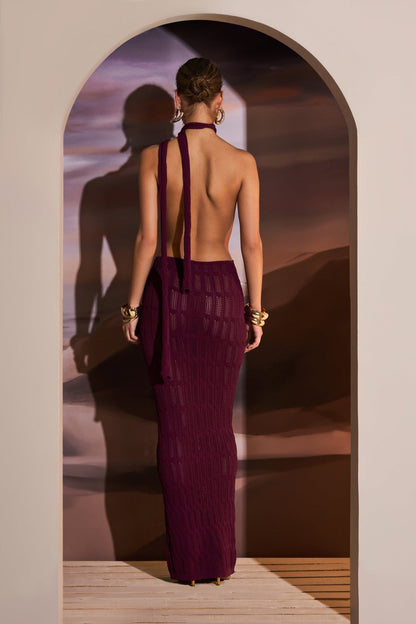 HONEYCOMB KNIT PLUNGE MAXI DRESS IN DEEP MAROON