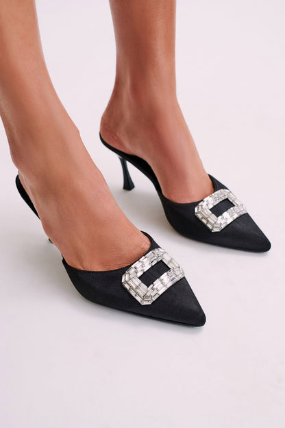 Torri Satin Diamond Mule - Black