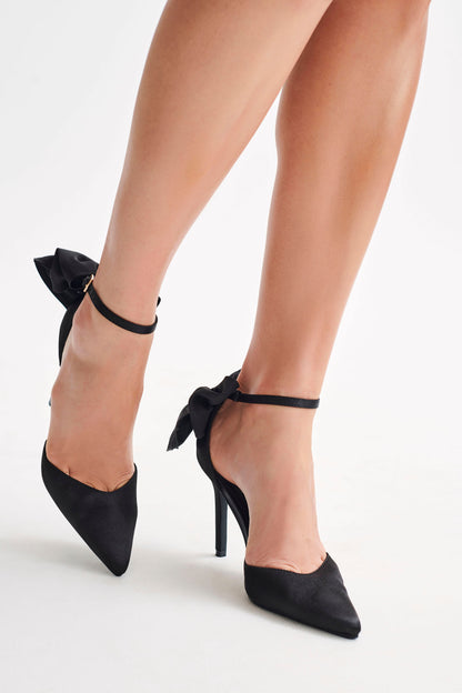 Charmed Satin Bow Heel - Black