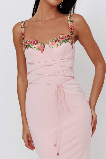 Brenda Embroidered Floral Lace-up Midi Dress