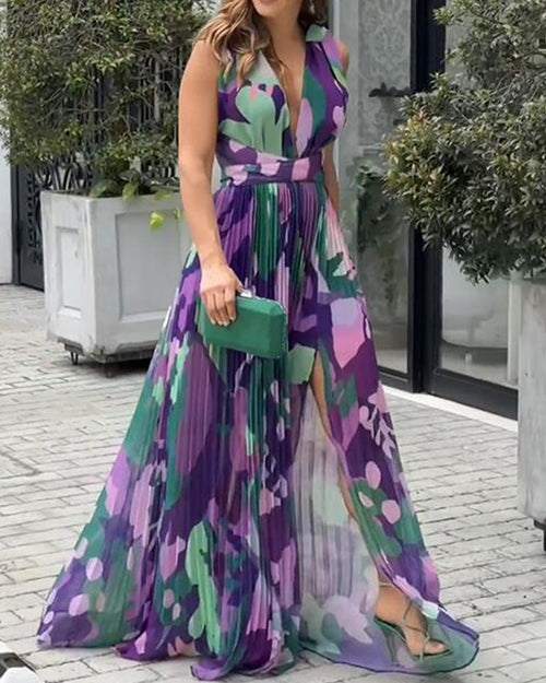 Sleeveless Contrasting Floral Print Pleated Maxi Dress