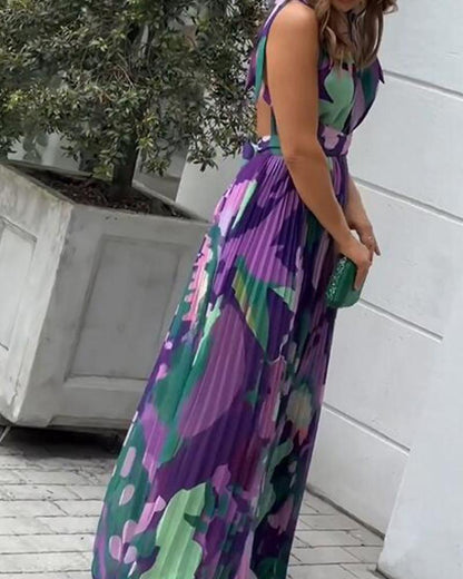 Sleeveless Contrasting Floral Print Pleated Maxi Dress