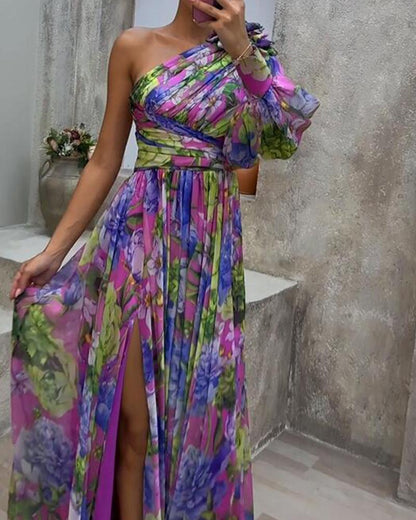 One-shoulder pleated contrasting color flower print holiday style slit dress