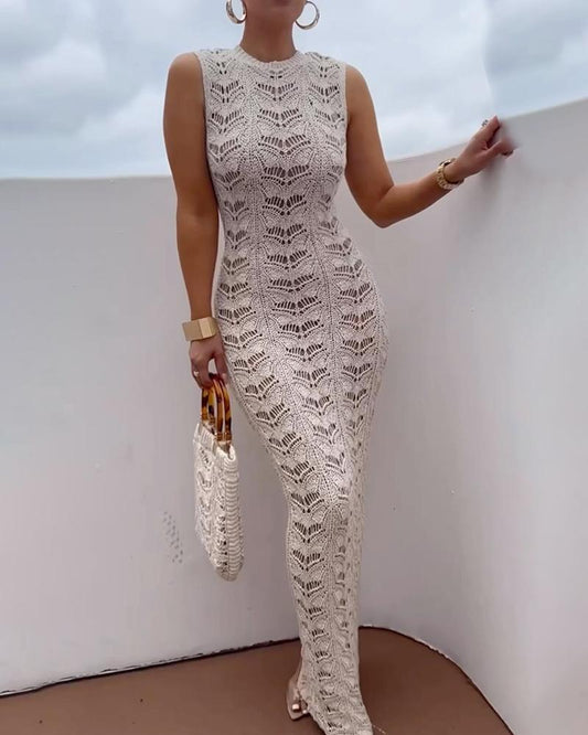 Holiday Style Hollow Solid Color Knitted Sleeveless Long Dress