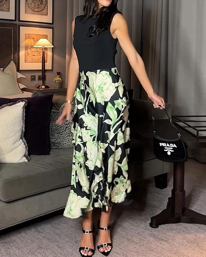 Elegant Patchwork Printed Hem Midi Dress