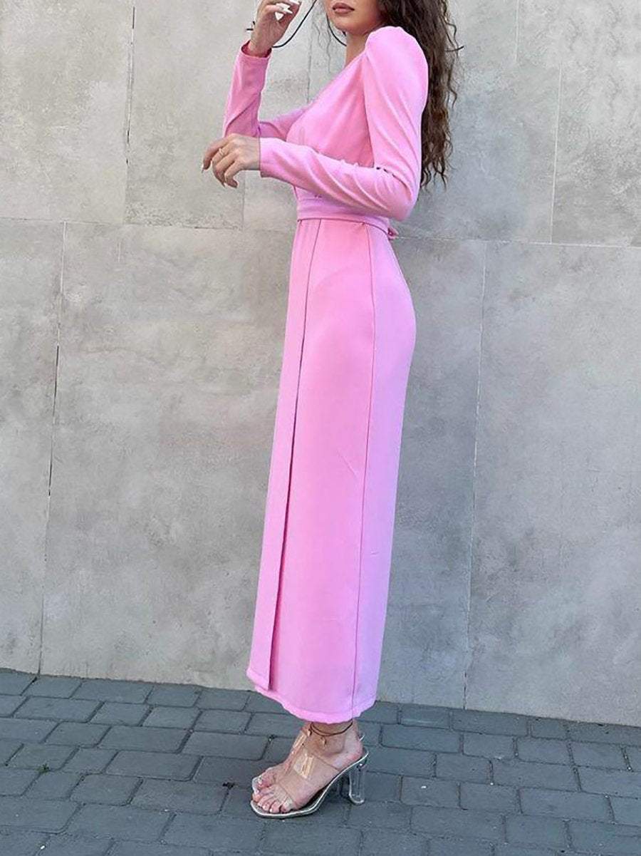 Simple V-neck long-sleeved high-waisted dress