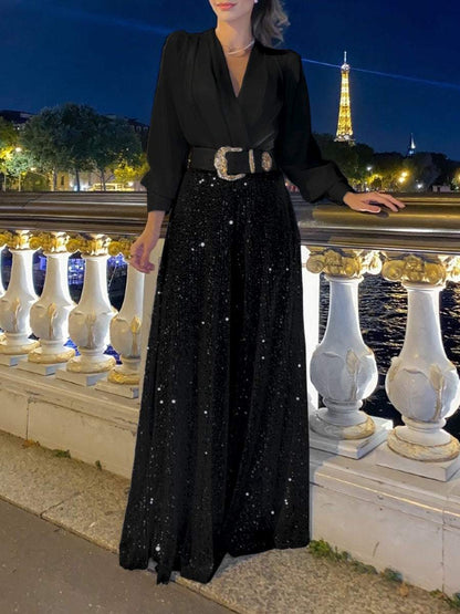 Stylish V-Neck Long Sleeve Shirt & Sequin Wide Leg Pants Two Piece Set(without belt)