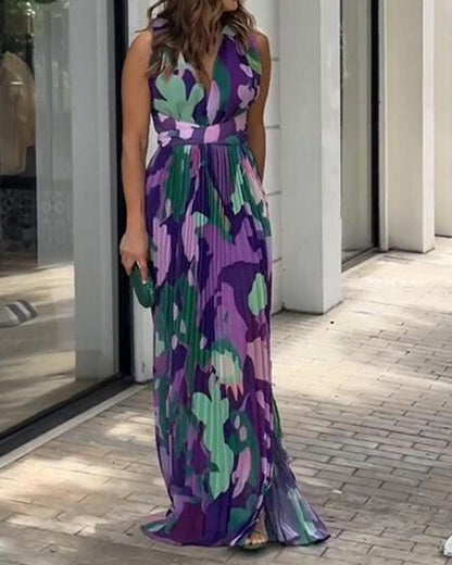 Sleeveless Contrasting Floral Print Pleated Maxi Dress