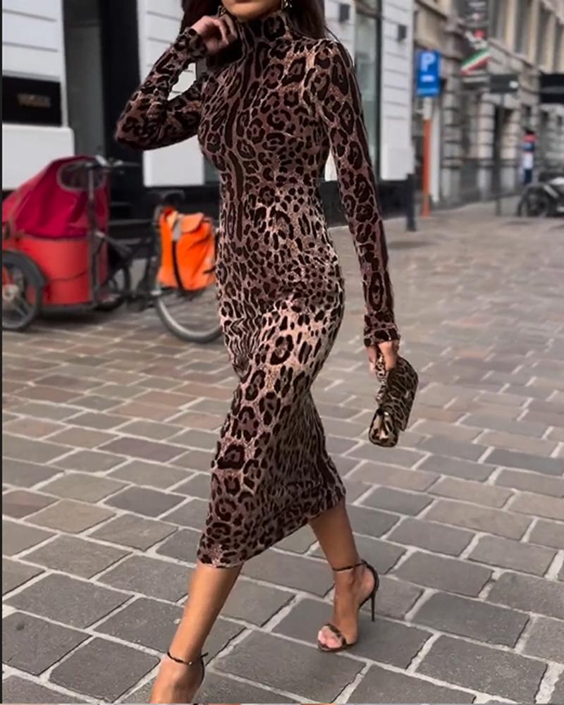 Leopard Print Turtleneck Bodycon Dress