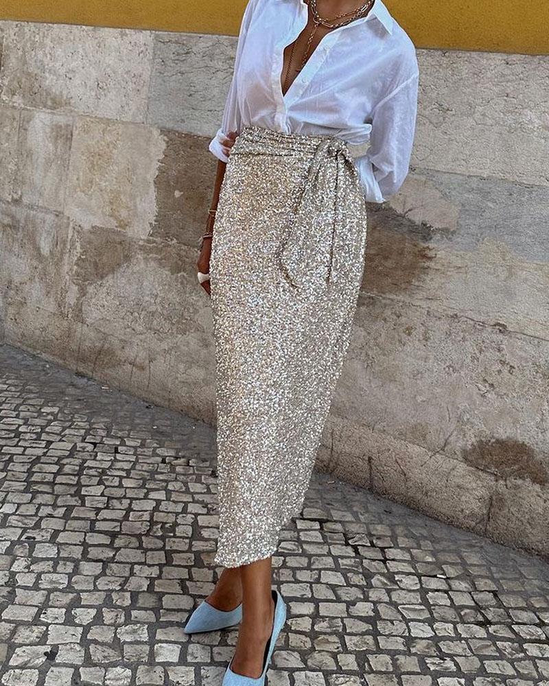 Casual Top And Sequined Skirt Set