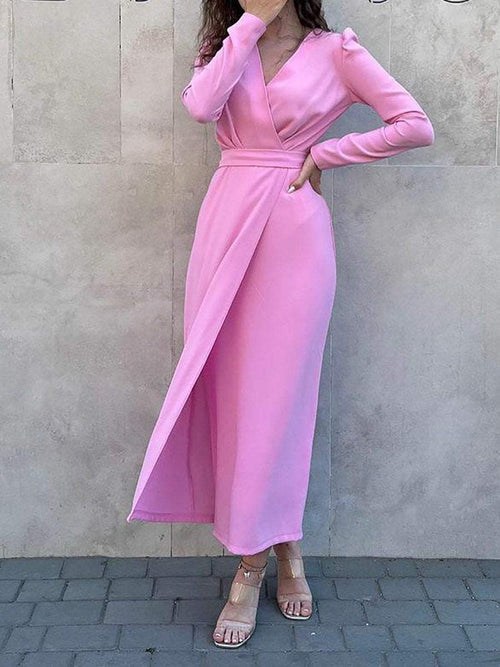 Simple V-neck long-sleeved high-waisted dress