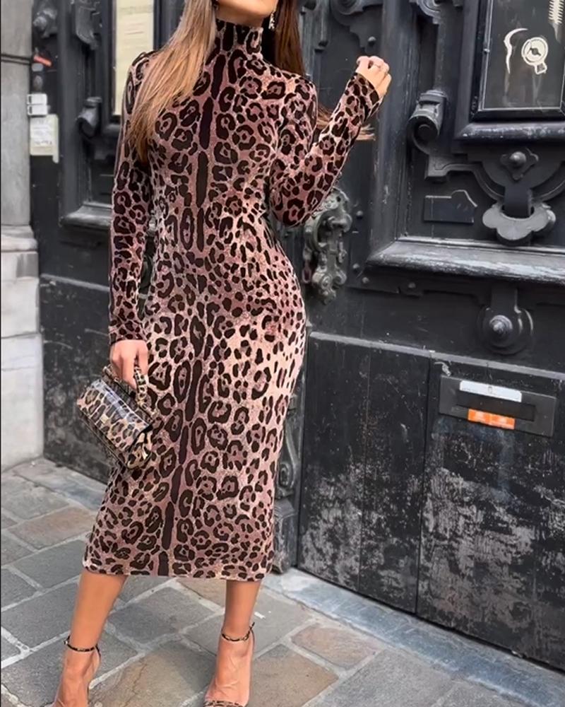 Leopard Print Turtleneck Bodycon Dress