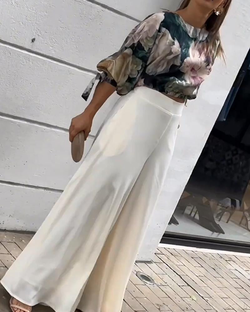 Oil Painting Flower Print Cropped Top and Wide-leg Pants Women's Set