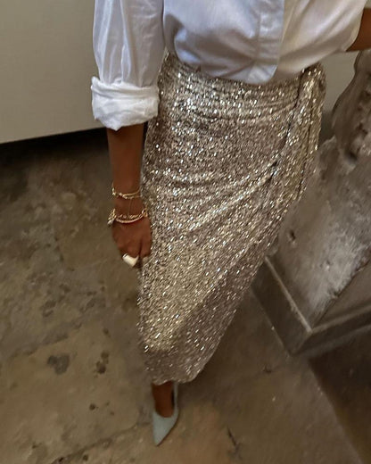 Casual Top And Sequined Skirt Set