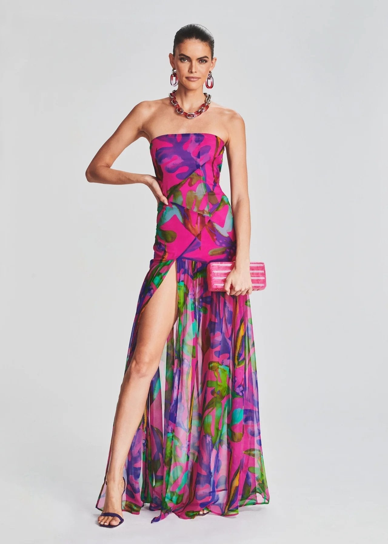 Lea Printed Strapless Slit Maxi Dress